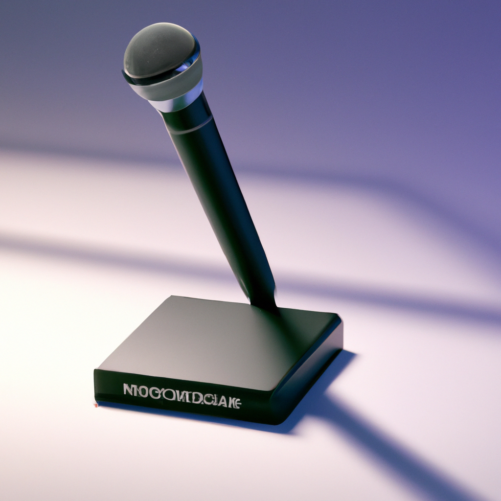 Minimal microphone on a podium with soft light and clean background